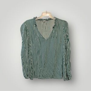 GAP Green and White Striped V-Neck Blouse